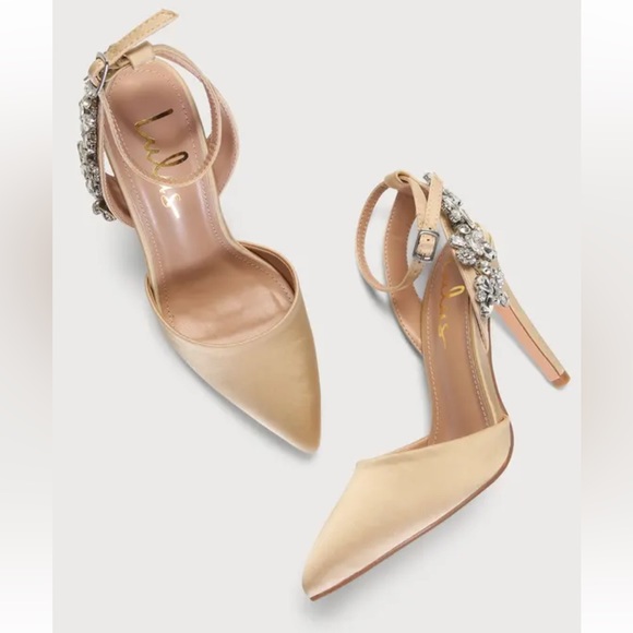 Lulus Milburn Champagne Satin Rhinestone Ankle Strap Heels - Size 8 - Picture 4 of 6
